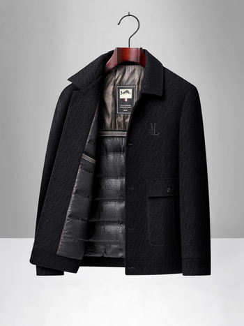 Ανδρικό επενδυμένο μπουφάν με γούνινο γιακά, μονόπερνο κούμπωμα, ζακάρντ λεπτομέρειες, τρισδιάστατες τσέπες patch