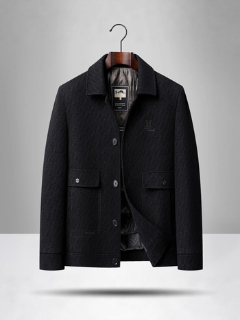 Ανδρικό επενδυμένο μπουφάν με γούνινο γιακά, μονόπερνο κούμπωμα, ζακάρντ λεπτομέρειες, τρισδιάστατες τσέπες patch