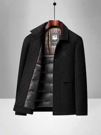 Ανδρικό επενδυμένο μπουφάν με γούνινο γιακά, μονόπερνο κούμπωμα, ζακάρντ λεπτομέρειες, τρισδιάστατες τσέπες patch