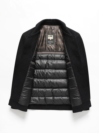 Ανδρικό επενδυμένο μπουφάν με γούνινο γιακά, μονόπερνο κούμπωμα, ζακάρντ λεπτομέρειες, τρισδιάστατες τσέπες patch