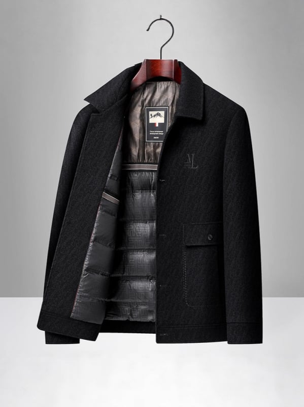 Ανδρικό επενδυμένο μπουφάν με γούνινο γιακά, μονόπερνο κούμπωμα, ζακάρντ λεπτομέρειες, τρισδιάστατες τσέπες patch