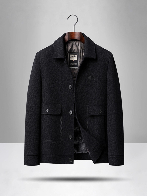 Ανδρικό επενδυμένο μπουφάν με γούνινο γιακά, μονόπερνο κούμπωμα, ζακάρντ λεπτομέρειες, τρισδιάστατες τσέπες patch