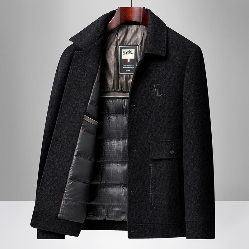 Ανδρικό επενδυμένο μπουφάν με γούνινο γιακά, μονόπερνο κούμπωμα, ζακάρντ λεπτομέρειες, τρισδιάστατες τσέπες patch