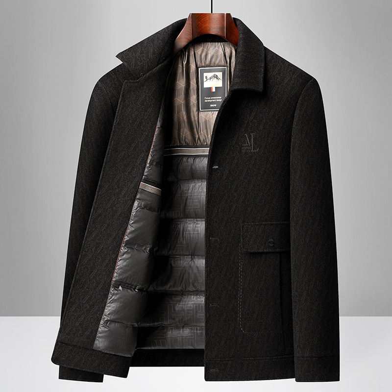 Ανδρικό επενδυμένο μπουφάν με γούνινο γιακά, μονόπερνο κούμπωμα, ζακάρντ λεπτομέρειες, τρισδιάστατες τσέπες patch