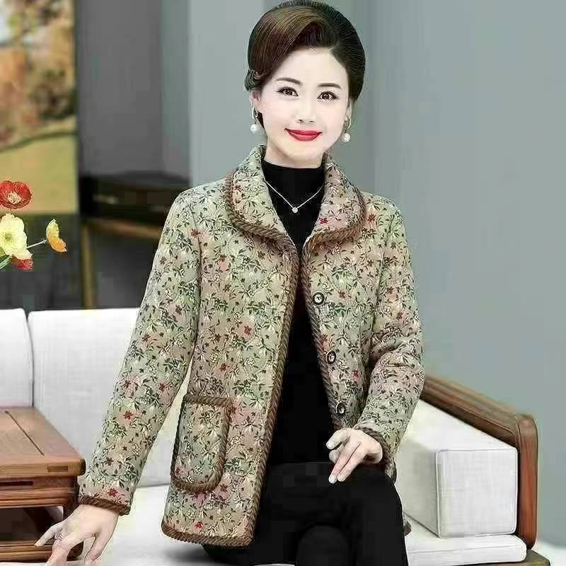 Pamut bélelt kabát fleece-béléssel, virágmintás, vastag szigetelés, lazán egyenes szabás, rever gallér