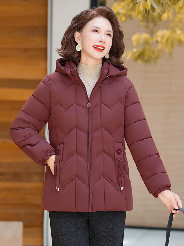 Női rövid dzseki pufi-pamut töltettel, poliészter anyag, kapucni, cipzár, középhosszú, vastag szigetelés