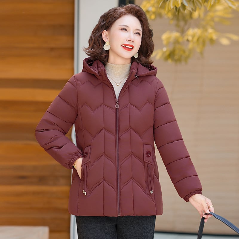 Női rövid dzseki pufi-pamut töltettel, poliészter anyag, kapucni, cipzár, középhosszú, vastag szigetelés