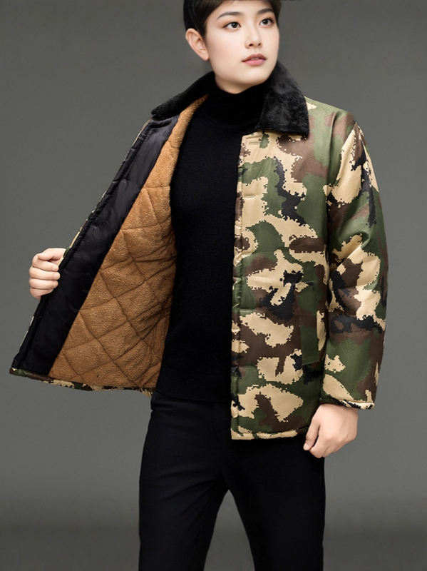 Férfi pamut töltött kabát kamuflázs mintával, cipzárral, vastag téli viselet