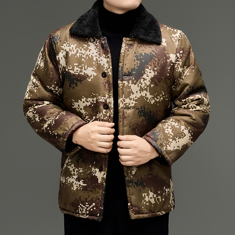 Férfi pamut töltött kabát kamuflázs mintával, cipzárral, vastag téli viselet