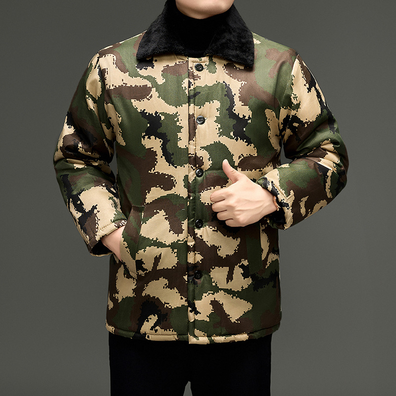 Férfi pamut töltött kabát kamuflázs mintával, cipzárral, vastag téli viselet