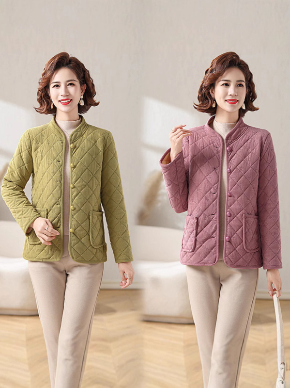 Női pehely-pamut töltésű kabát, normál hossz, állógallér, hosszú ujjú, egyszínű poliészter, koreai lazító stílus, tél 2024