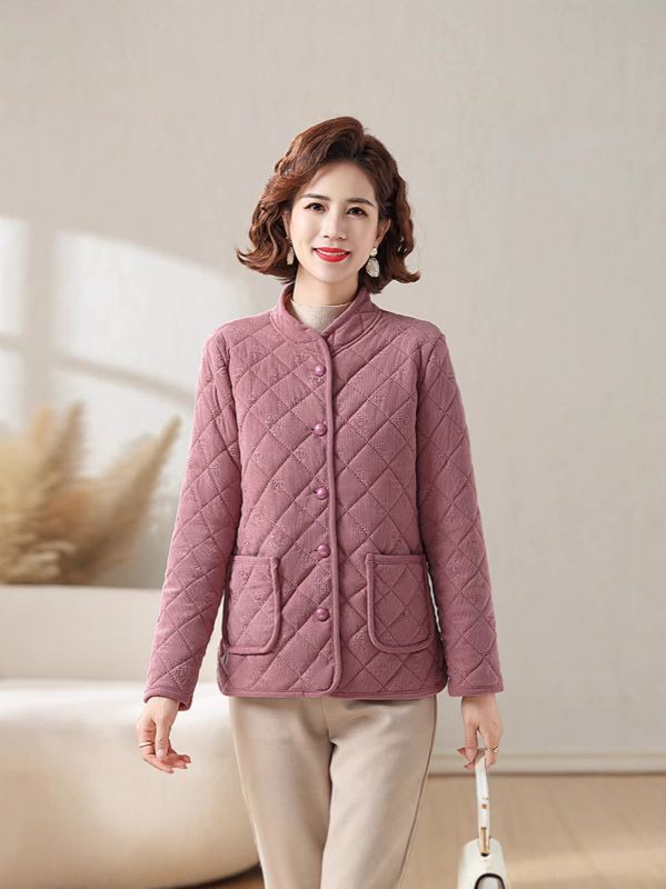 Női pehely-pamut töltésű kabát, normál hossz, állógallér, hosszú ujjú, egyszínű poliészter, koreai lazító stílus, tél 2024