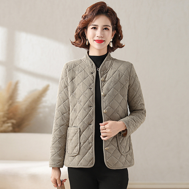 Női pehely-pamut töltésű kabát, normál hossz, állógallér, hosszú ujjú, egyszínű poliészter, koreai lazító stílus, tél 2024