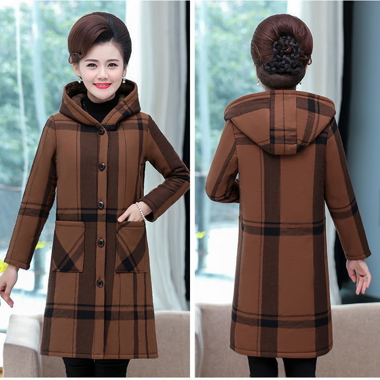 Kapuccnis pamut-puf kabát, vastag téli meleg, középméretű hossz, koreai lazító stílus; töltet: poliészter-pamut; külső anyag: poliészter; mintázat: geometrikus