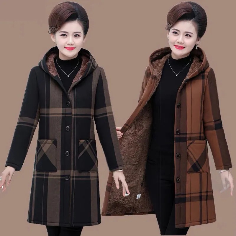 Kapuccnis pamut-puf kabát, vastag téli meleg, középméretű hossz, koreai lazító stílus; töltet: poliészter-pamut; külső anyag: poliészter; mintázat: geometrikus