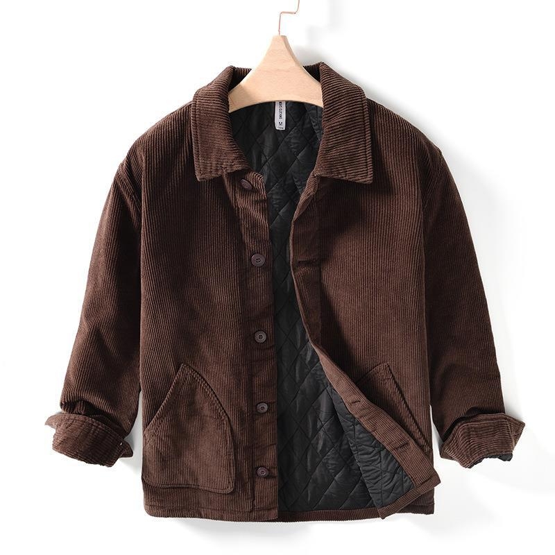 Corduroy pamut töltött kabát, vintage stílus, gallér, egyrészes záródás, vastag poliészter töltet