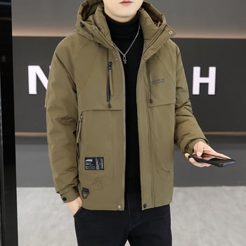 Férfi téli tömött kabát kapucnival, cipzárral, vastag szigeteléssel, poliészter külső, poliészter bélés