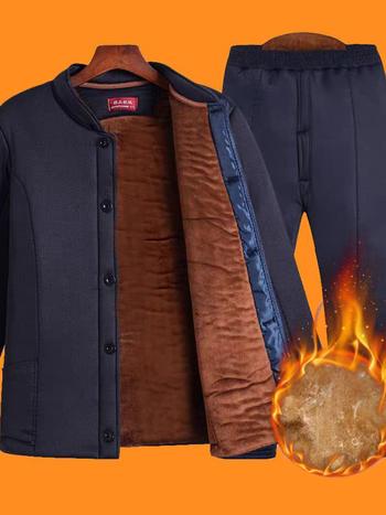 Idős férfiak téli kardigán-nadrág készlet fleece bélés, egyrészes gombolás, poliészter anyag, három zseb