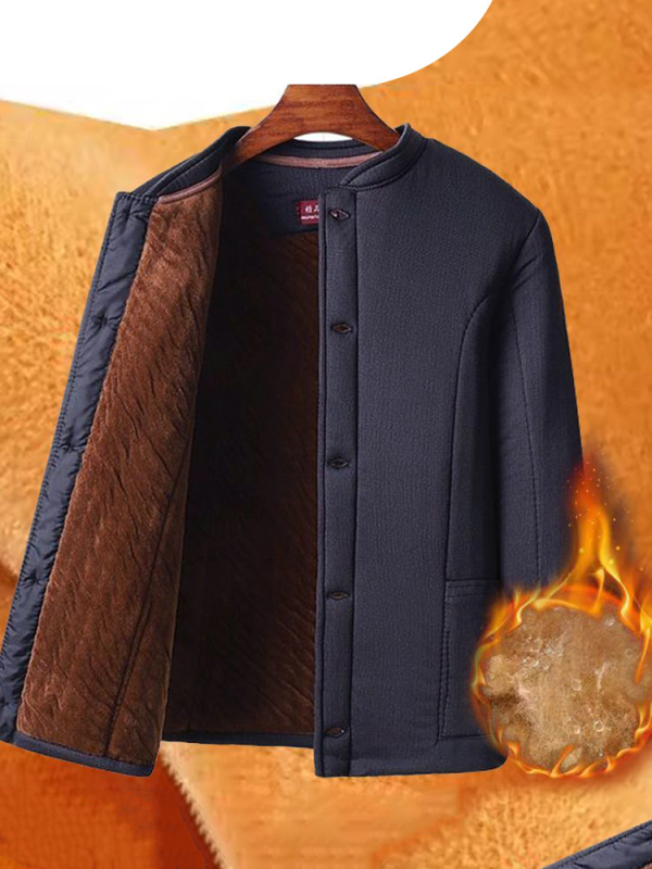 Idős férfiak téli kardigán-nadrág készlet fleece bélés, egyrészes gombolás, poliészter anyag, három zseb