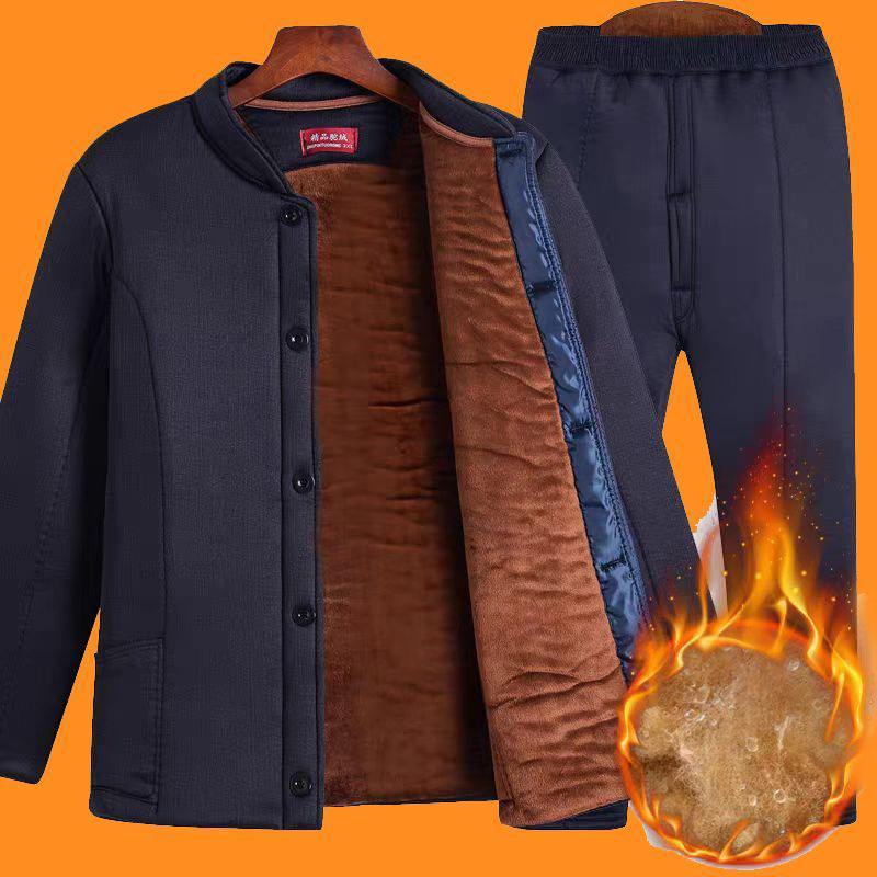 Idős férfiak téli kardigán-nadrág készlet fleece bélés, egyrészes gombolás, poliészter anyag, három zseb