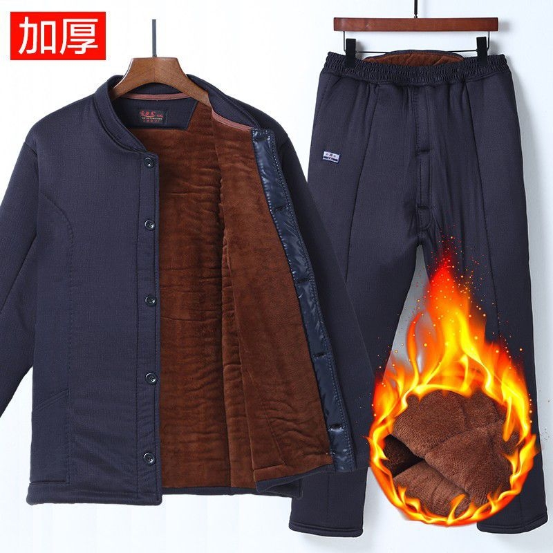 Idős férfiak téli kardigán-nadrág készlet fleece bélés, egyrészes gombolás, poliészter anyag, három zseb