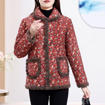 Fleece-lével bélelt téli kabát idős nőknek, laza szabású, új kínai stílusú, kis virágos mintával, meleg poliészter-pamut töltettel