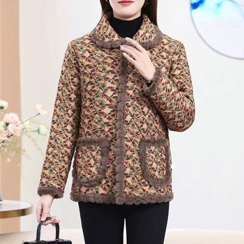 Fleece-lével bélelt téli kabát idős nőknek, laza szabású, új kínai stílusú, kis virágos mintával, meleg poliészter-pamut töltettel