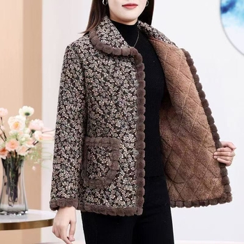 Fleece-lével bélelt téli kabát idős nőknek, laza szabású, új kínai stílusú, kis virágos mintával, meleg poliészter-pamut töltettel