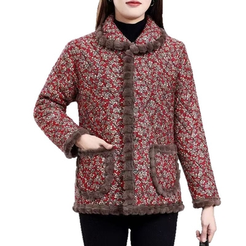 Fleece-lével bélelt téli kabát idős nőknek, laza szabású, új kínai stílusú, kis virágos mintával, meleg poliészter-pamut töltettel