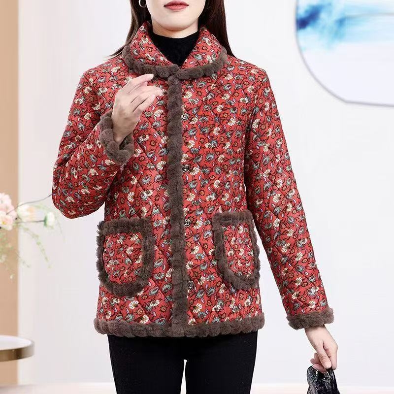 Fleece-lével bélelt téli kabát idős nőknek, laza szabású, új kínai stílusú, kis virágos mintával, meleg poliészter-pamut töltettel