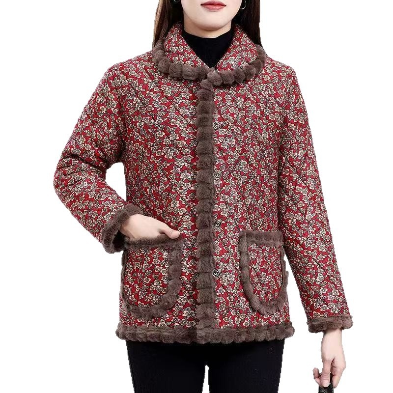 Fleece-lével bélelt téli kabát idős nőknek, laza szabású, új kínai stílusú, kis virágos mintával, meleg poliészter-pamut töltettel