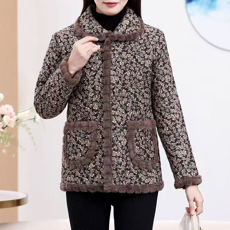 Fleece-lével bélelt téli kabát idős nőknek, laza szabású, új kínai stílusú, kis virágos mintával, meleg poliészter-pamut töltettel