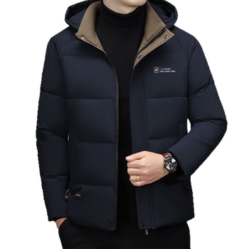 Férfi téli kabát polisztiertöltettel, vastag meleg, cipzáras zárás, levehető kapucnival, középhosszú