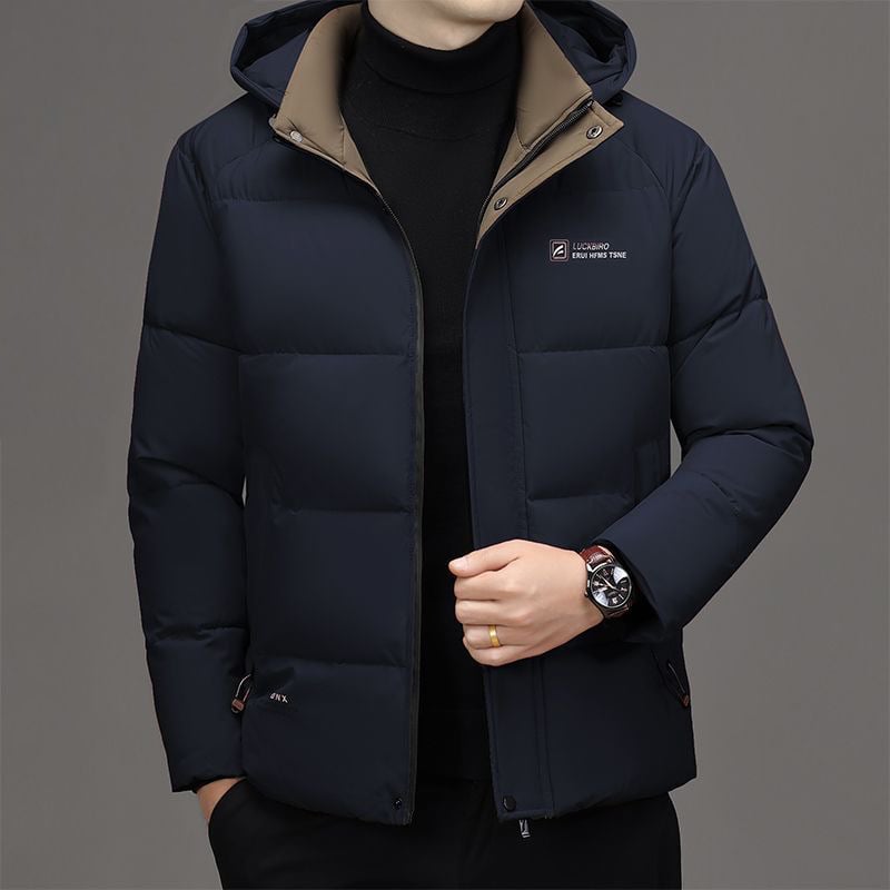 Férfi téli kabát polisztiertöltettel, vastag meleg, cipzáras zárás, levehető kapucnival, középhosszú
