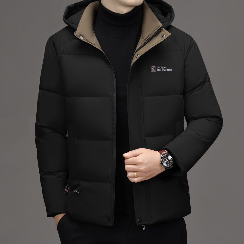 Férfi téli kabát polisztiertöltettel, vastag meleg, cipzáras zárás, levehető kapucnival, középhosszú