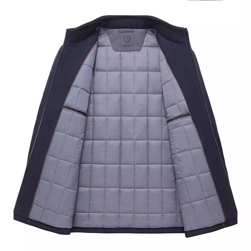 Muška jakna od poliestera s debelim punjenjem, u laganom poslovnom stilu, zimna, na zip, srednje dužine, 3D patch džepovi