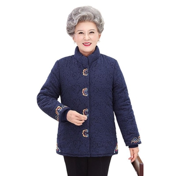 Dámska vyteplená bunda s polo golierom, voľný strih, stredná hrúbka, TR tkanina na PVC podklade, výplň z imitácie hodvábu a bavlny.