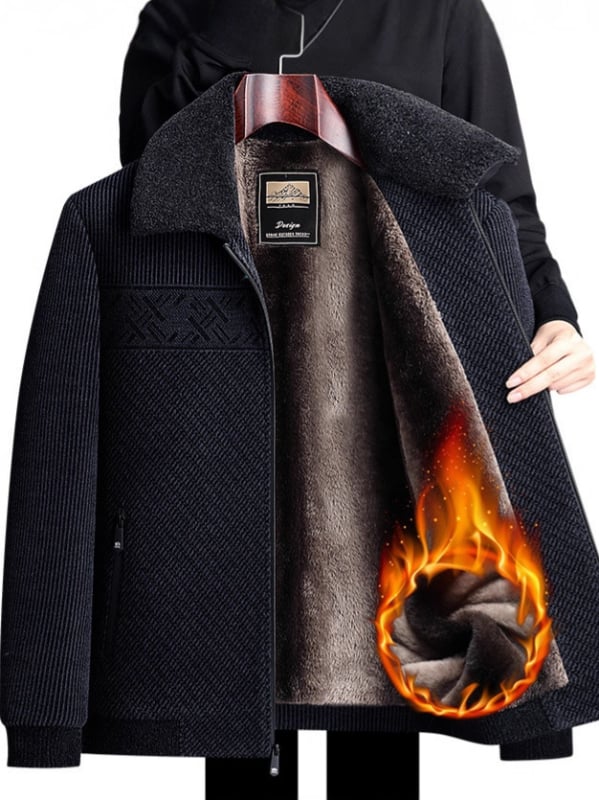 Jachetă bărbătească din bumbac cu umplutură de bumbac, cu rever, fermoar, exterior din poliester și căptușeală fleece