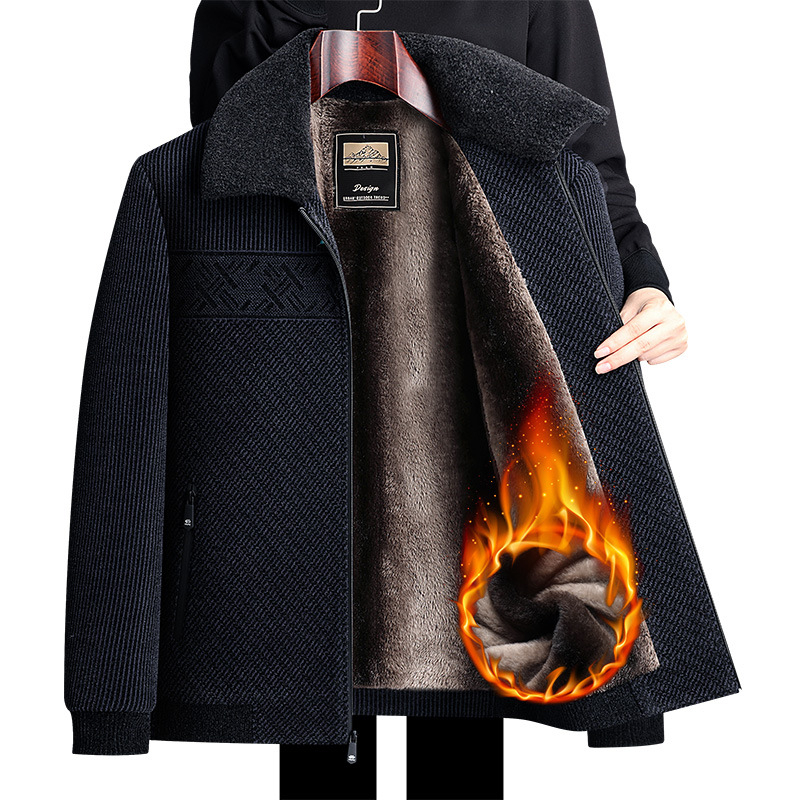 Jachetă bărbătească din bumbac cu umplutură de bumbac, cu rever, fermoar, exterior din poliester și căptușeală fleece