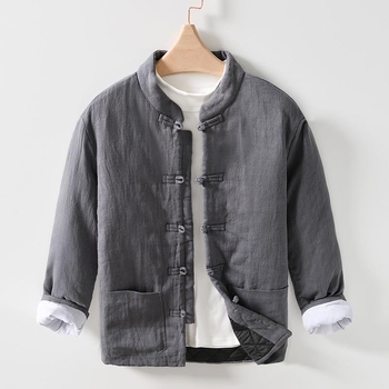 Pamutszövetből készült tömött kabát fleece béléssel, ramie anyagú, álló gallér, laza szabás, egy sor gomb, téli, egyszínű, retro kardigan-stílus