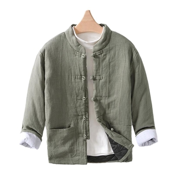 Pamutszövetből készült tömött kabát fleece béléssel, ramie anyagú, álló gallér, laza szabás, egy sor gomb, téli, egyszínű, retro kardigan-stílus