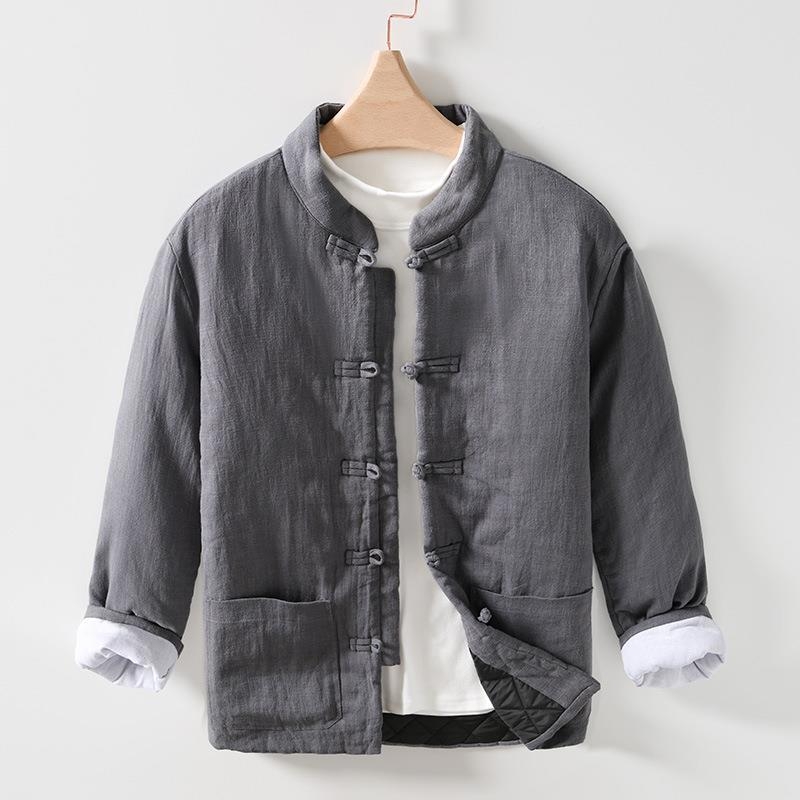 Pamutszövetből készült tömött kabát fleece béléssel, ramie anyagú, álló gallér, laza szabás, egy sor gomb, téli, egyszínű, retro kardigan-stílus