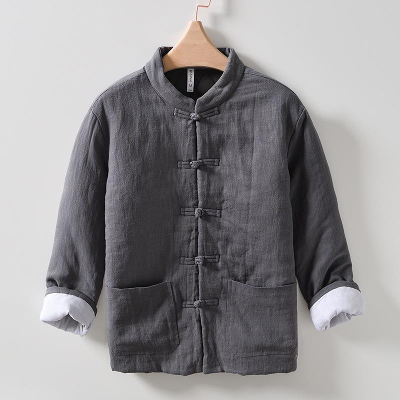 Pamutszövetből készült tömött kabát fleece béléssel, ramie anyagú, álló gallér, laza szabás, egy sor gomb, téli, egyszínű, retro kardigan-stílus