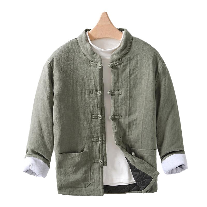 Pamutszövetből készült tömött kabát fleece béléssel, ramie anyagú, álló gallér, laza szabás, egy sor gomb, téli, egyszínű, retro kardigan-stílus