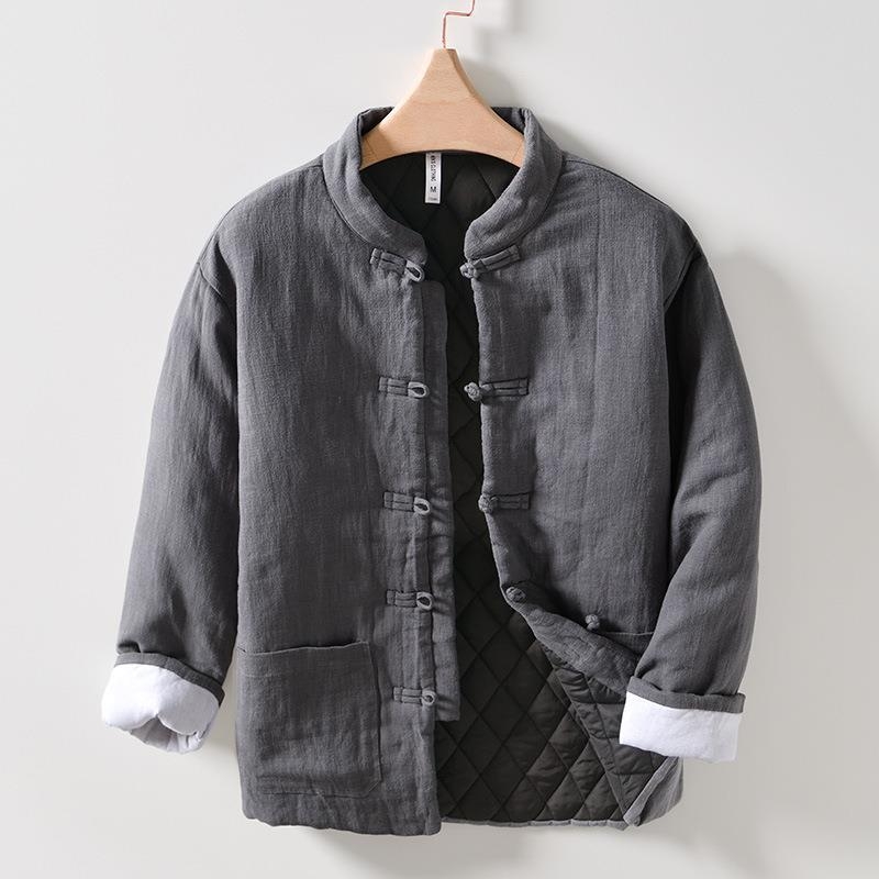 Pamutszövetből készült tömött kabát fleece béléssel, ramie anyagú, álló gallér, laza szabás, egy sor gomb, téli, egyszínű, retro kardigan-stílus