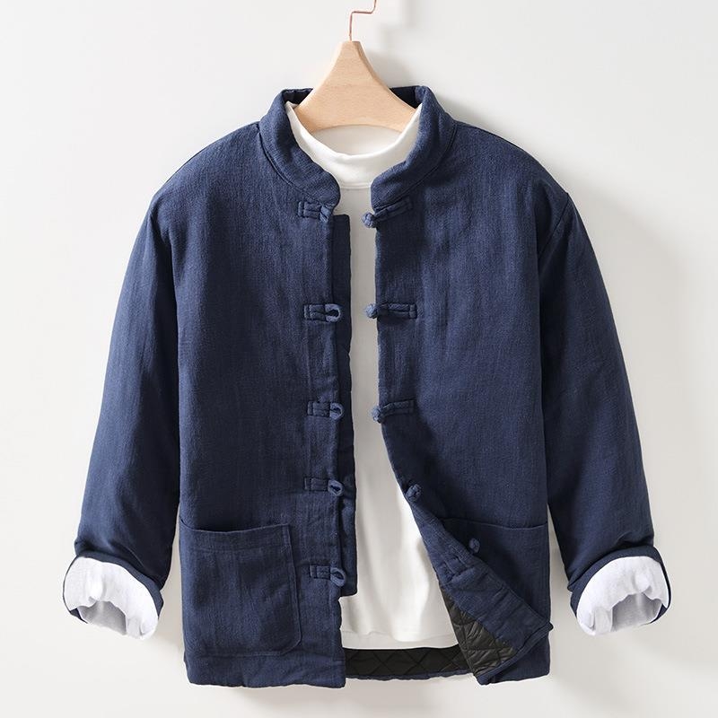 Pamutszövetből készült tömött kabát fleece béléssel, ramie anyagú, álló gallér, laza szabás, egy sor gomb, téli, egyszínű, retro kardigan-stílus