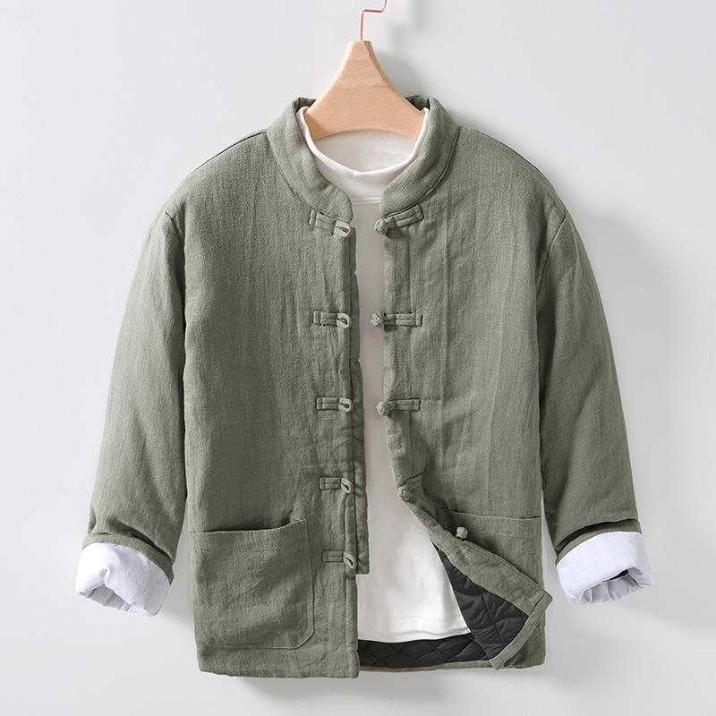 Pamutszövetből készült tömött kabát fleece béléssel, ramie anyagú, álló gallér, laza szabás, egy sor gomb, téli, egyszínű, retro kardigan-stílus