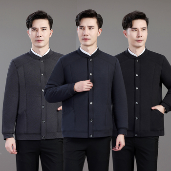 Férfi téli pamut töltetű kabát fleece béléssel, vastag, kapucni nélküli, egyszárnyú gombos záródás