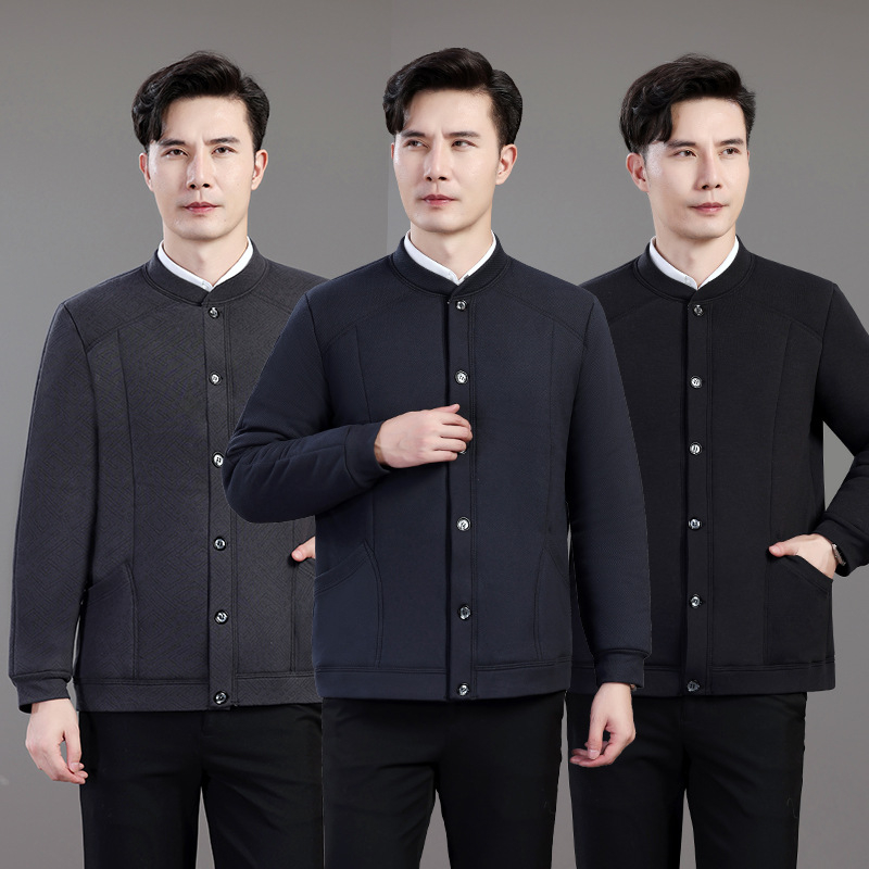 Férfi téli pamut töltetű kabát fleece béléssel, vastag, kapucni nélküli, egyszárnyú gombos záródás