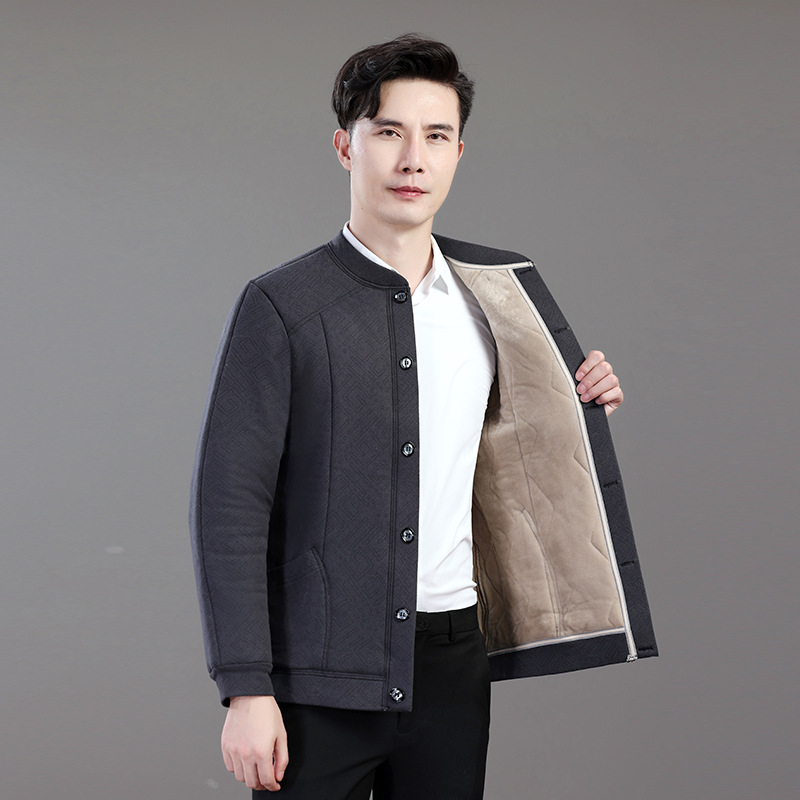 Férfi téli pamut töltetű kabát fleece béléssel, vastag, kapucni nélküli, egyszárnyú gombos záródás